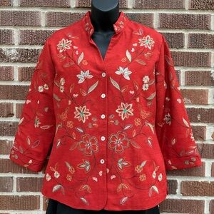 Silk Land Womens Burnt Orange Silk Jacket Medium Embroidered 3/4 sleeve lined